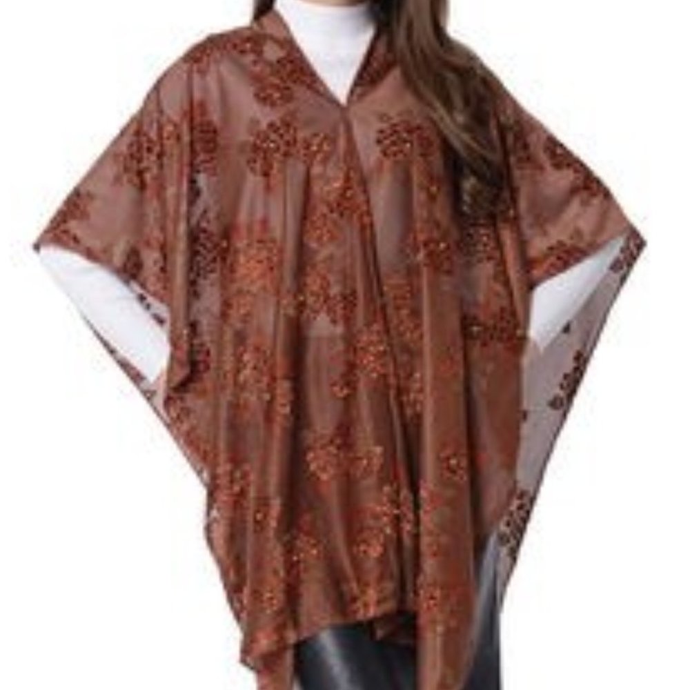 Brown Beaded Rose Pattern Poncho  38x32 Polyester